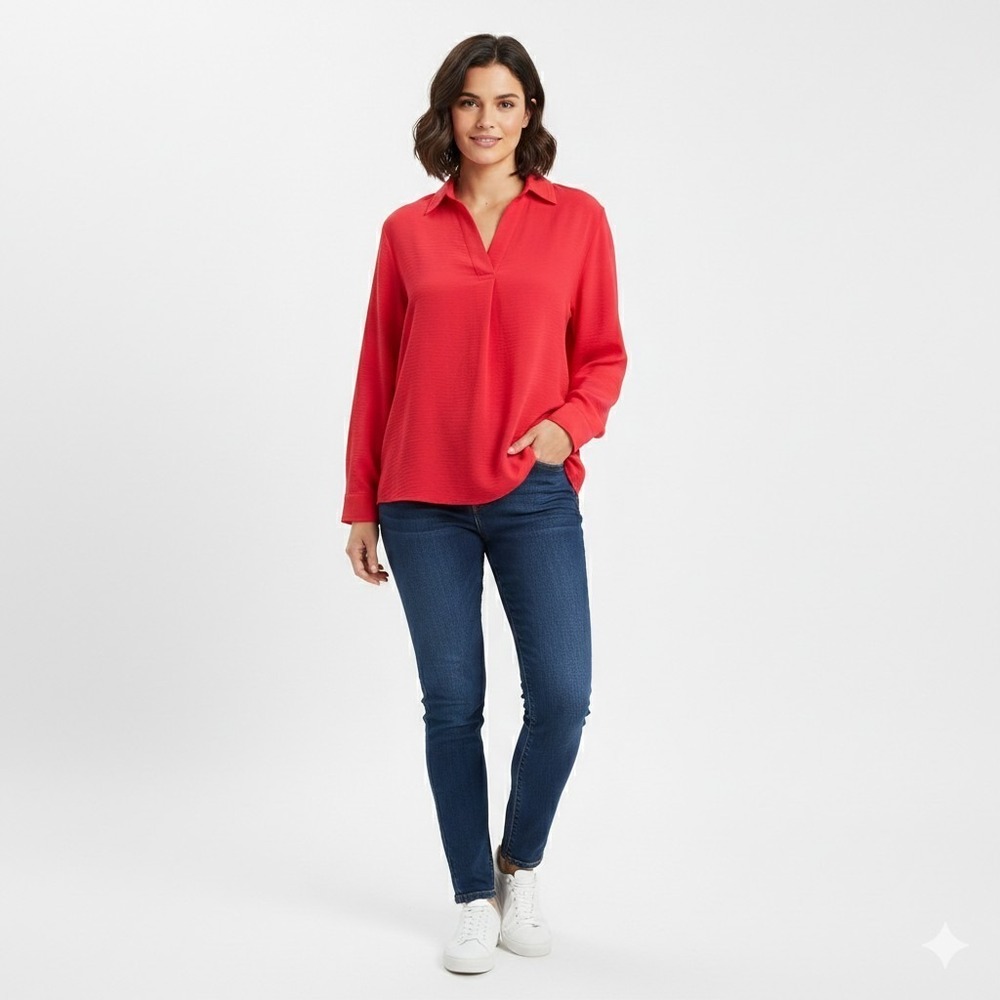 Rafaella Blouse True Red Women Long Sleve Button Front Size L